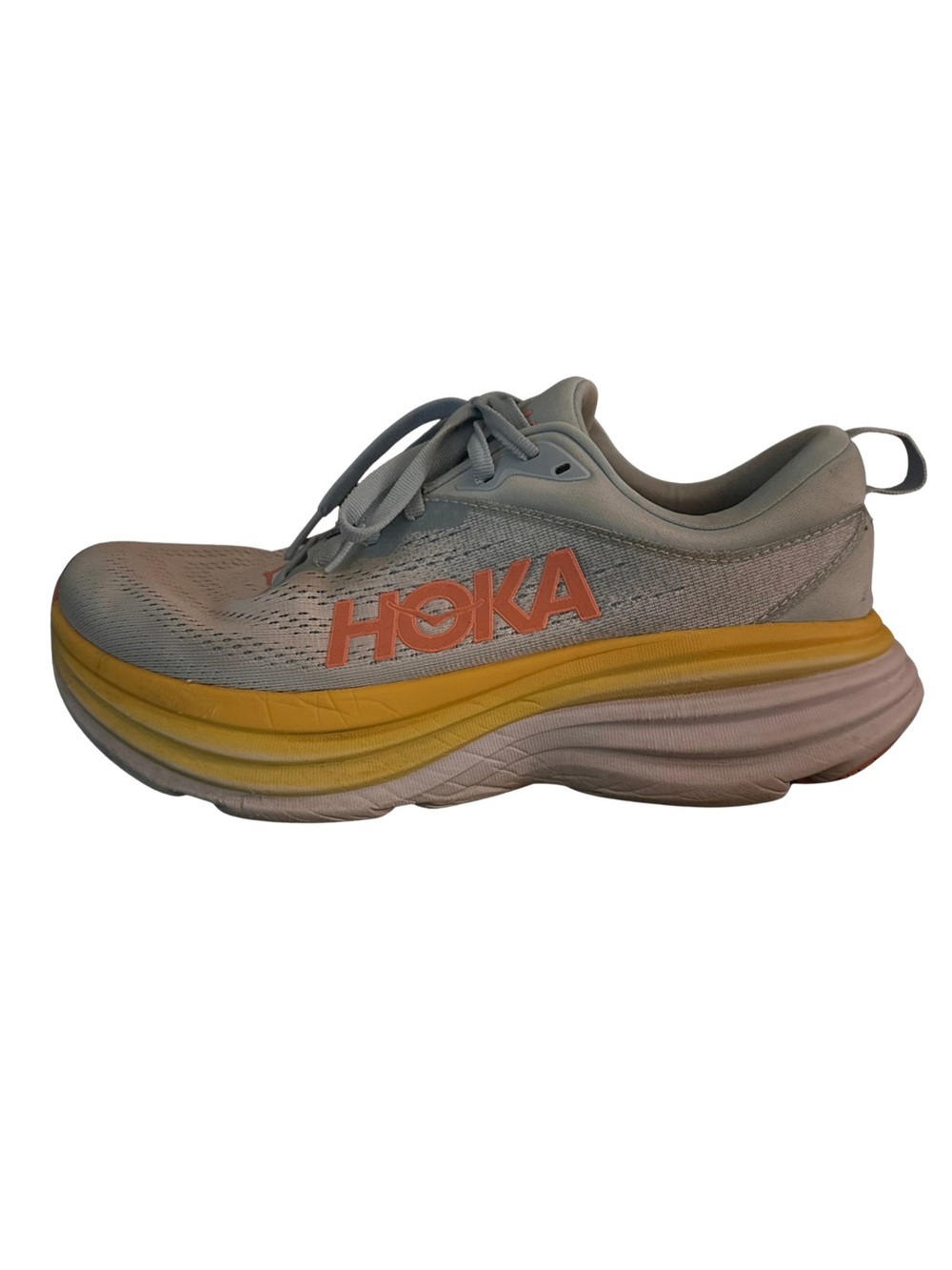 Hoka Women’s Bondi 9 Light Blue Sneakers with Yellow and Orange Accents